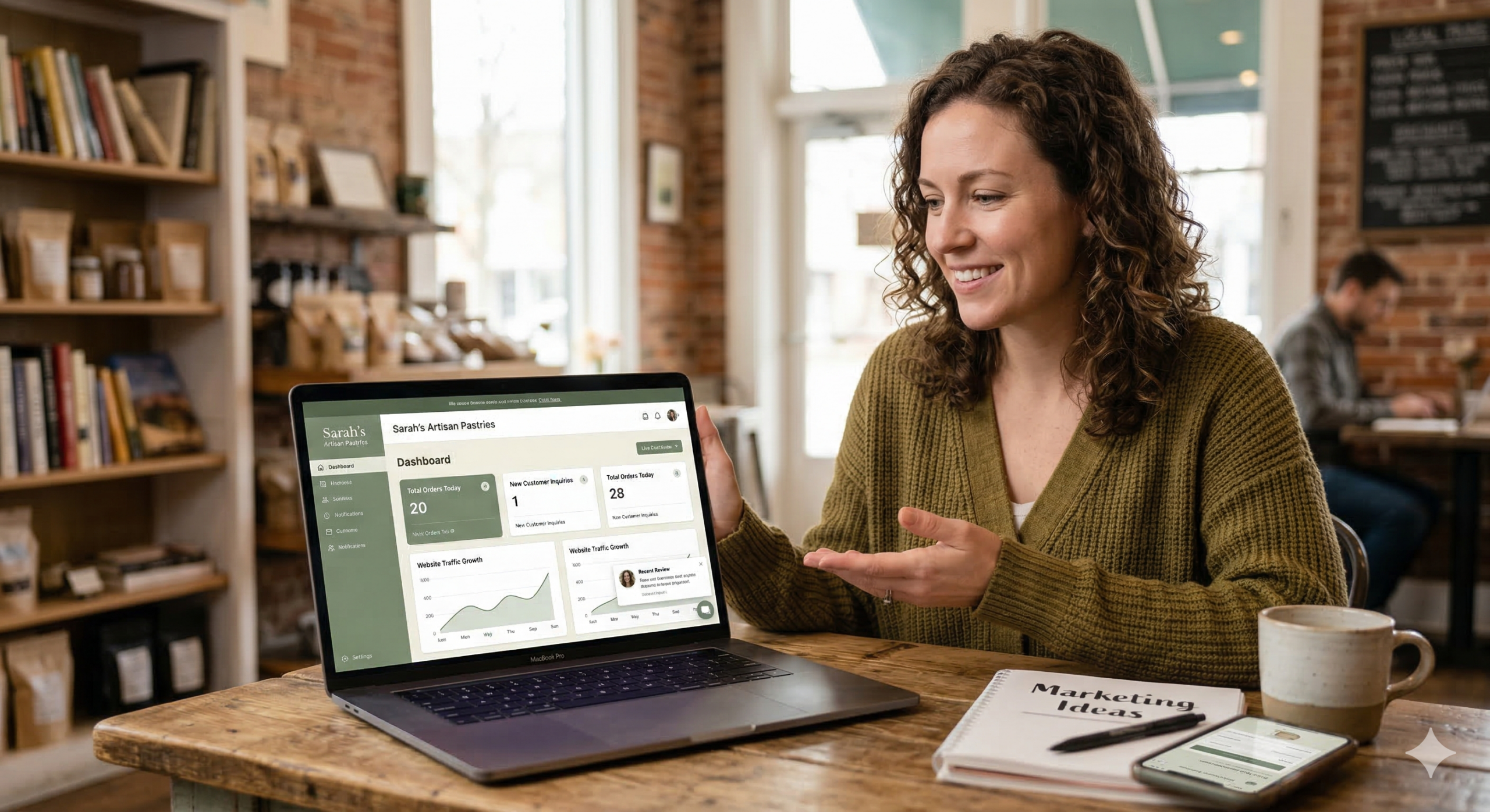 A smiling small business owner sitting at a rustic cafe table, proudly gesturing toward her laptop. The screen displays a successful website analytics dashboard with traffic growth charts for her bakery. A coffee mug, smartphone, and a notebook labeled 'Marketing Ideas' rest on the table beside the laptop.
