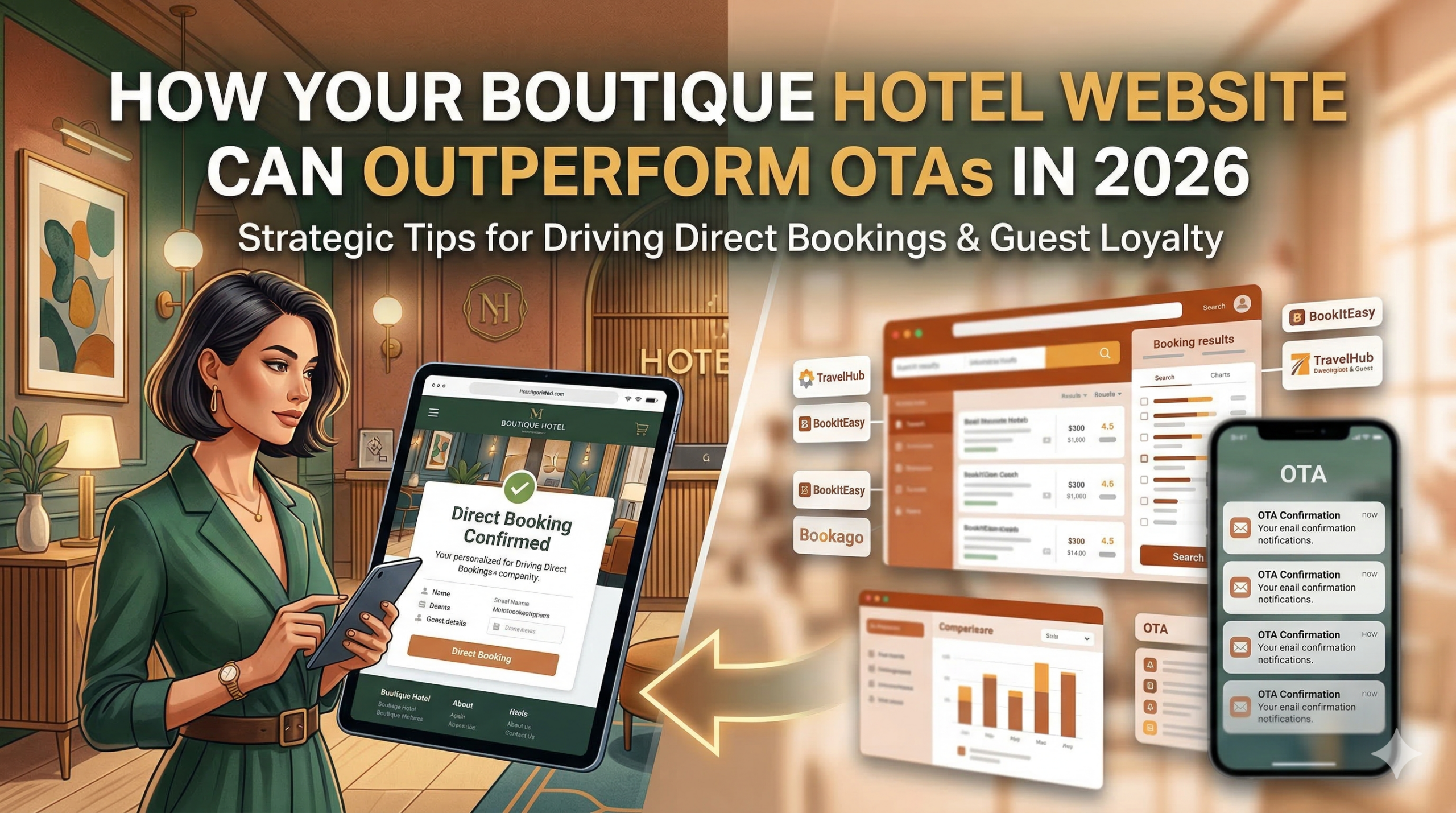 A detailed split-screen infographic comparing a direct boutique hotel booking experience and a fragmented Online Travel Agency (OTA) booking process. The left side features an illustration of a woman in a green dress looking at a tablet that displays a clean, elegant "Direct Booking Confirmed" screen with personalized guest details. The right side shows multiple floating comparison screens with OTA logos and data charts, and a smartphone with a cluttered list of "OTA Confirmation" notifications. The main headline text across the top reads: "HOW YOUR BOUTIQUE HOTEL WEBSITE CAN OUTPERFORM OTAs IN 2026" and a subtitle reads: "Strategic Tips for Driving Direct Bookings & Guest Loyalty."